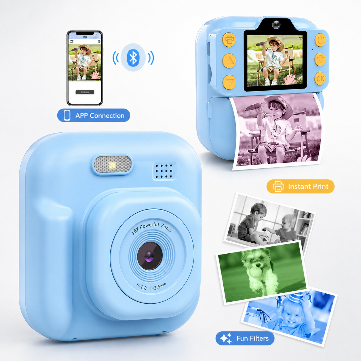 K9Pro Children's Bluetooth Instant Multi Color Printing Camera MP3 Player Dual Lens 1080P Video